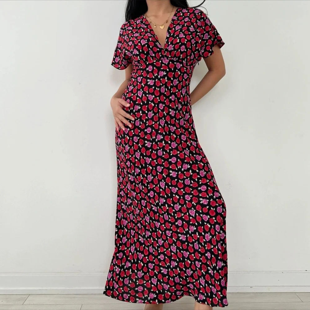 Zara V Neck Floral Maxi Dress in Pink Red Black Medium - Picture 1 of 7